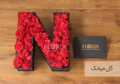 باکس گل رز حرف N میخک قرمز و باکس چوبی