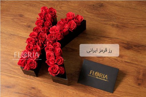 باکس گل رز حرف K با رز قرمز ایرانی