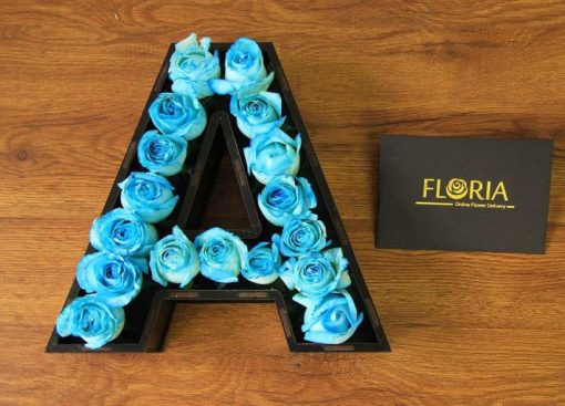 باکس گل رز آبی حرف A از جنس چوب