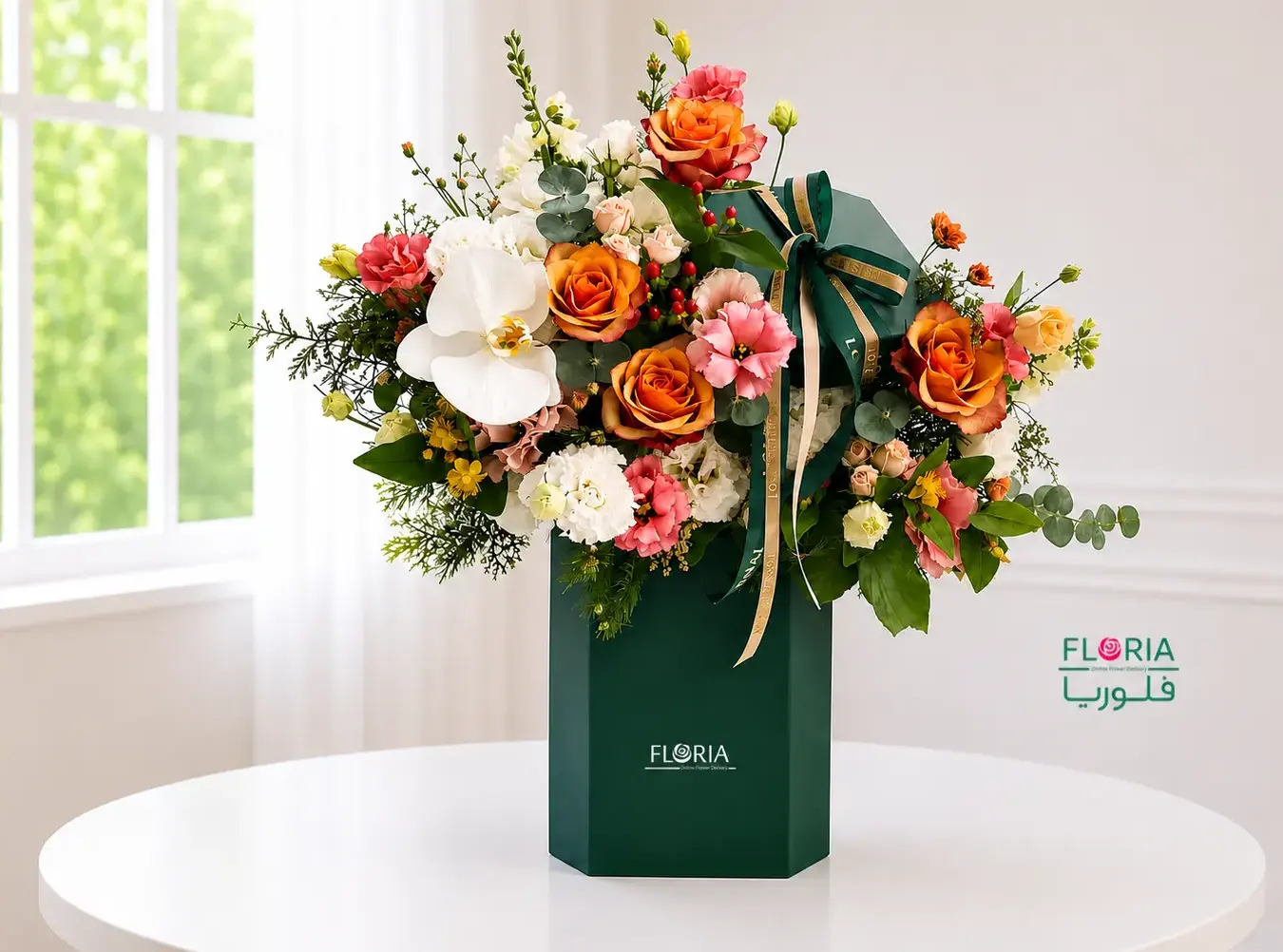 باکس گل سایان با باکس مستطیل ایستاده یشمی، رز هلندی ، ارکیده و میخک. دارای تم رنگی نارنجی سفید گلبهی